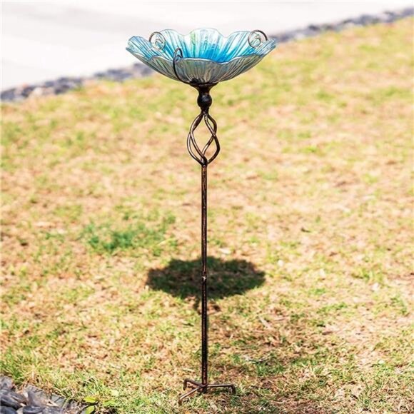 31 Inch Height Glass Birdbath Birdfeeder with Metal Stake Garden Yard - Picture 2 of 8